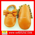 Italian fashion wholesale cute orange genuine cow leather soft flat bow baby prewalker shoes